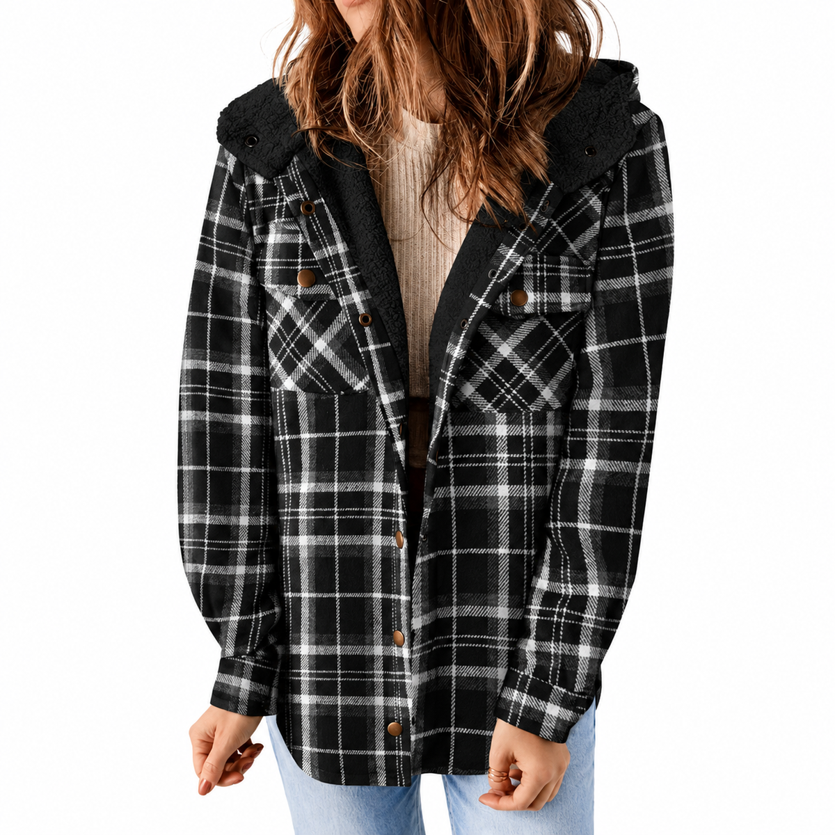 Avery Black Plaid Sherpa-Lined Hooded Jacket
