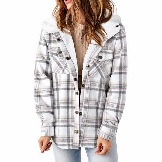 Avery White Plaid Sherpa-Lined Hooded Jacket
